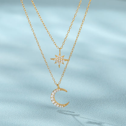 Double Layer Twin Diamond Star and Moon Necklace