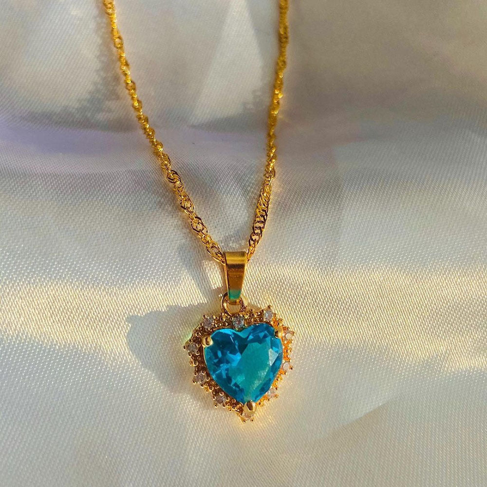 Gold Clavicle Chain Necklace with Colourful Rhinestone Heart