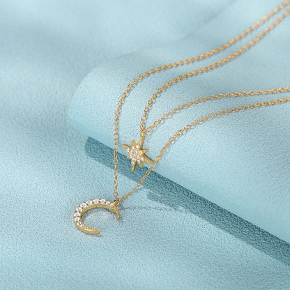 Double Layer Twin Diamond Star and Moon Necklace