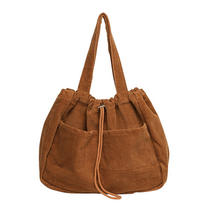 Corduroy Shoulder Bag with Drawstring Closure