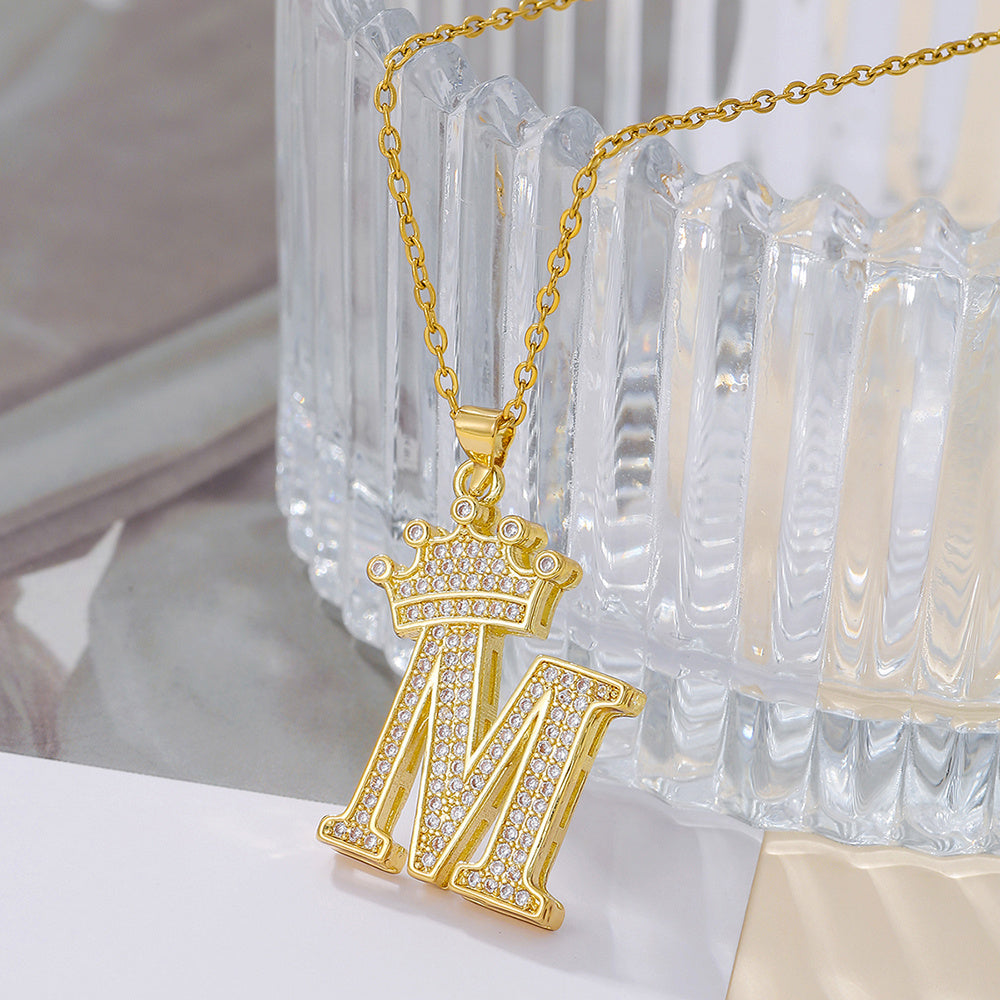 Gold Crown A-Z Pendant Necklace