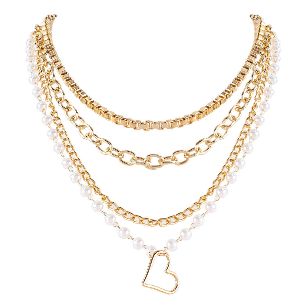 Multi-Layer Peach Heart Pearl Pendant Chain Necklace