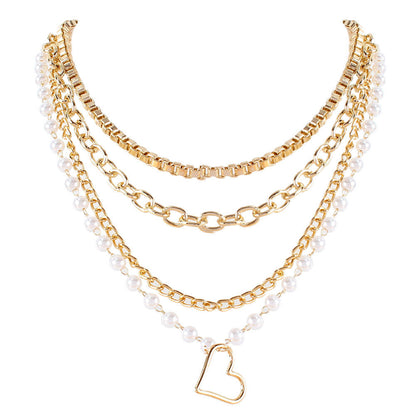 Multi-Layer Peach Heart Pearl Pendant Chain Necklace