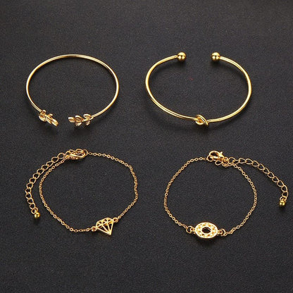 Bohemia Leaf Knot Hand Cuff Link Chain Bracelet Set, 4Pcs