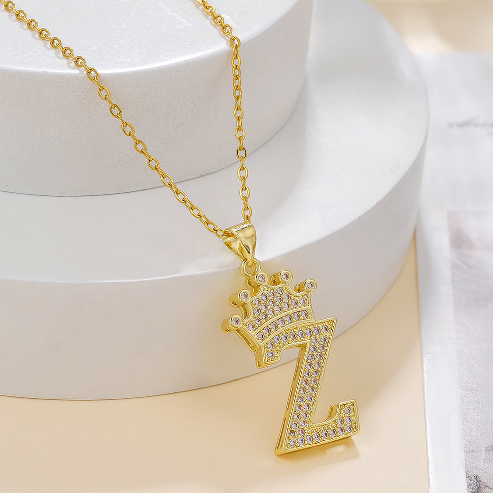 Gold Crown A-Z Pendant Necklace