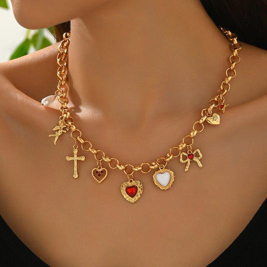 Heart-Shaped Cross Pendant Necklace & Bracelet