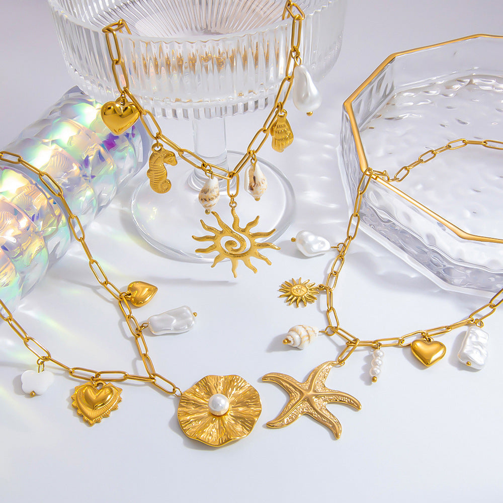 Stainless Steel Pearl Necklace with Pendants