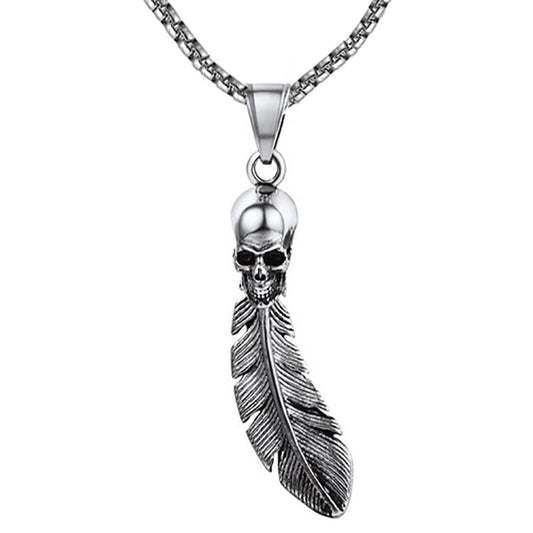 Gothic Skull Feather Pendant Necklace