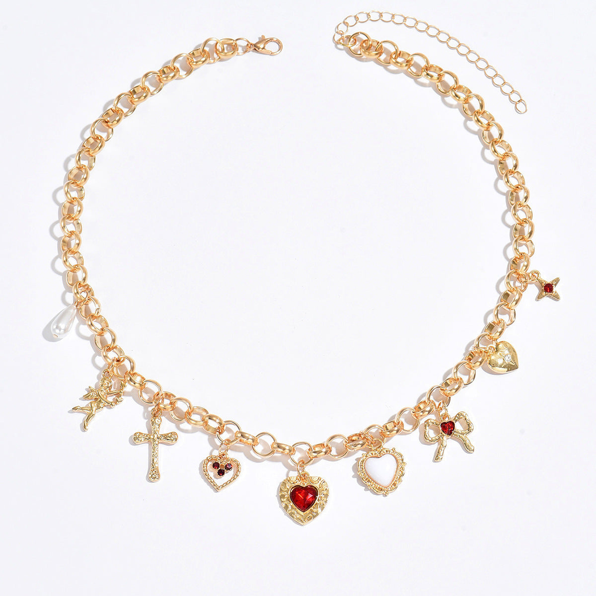 Heart-Shaped Cross Pendant Necklace & Bracelet