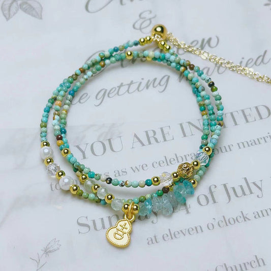 Turquoise Round Beads Three-Ring Adjustable Bracelet