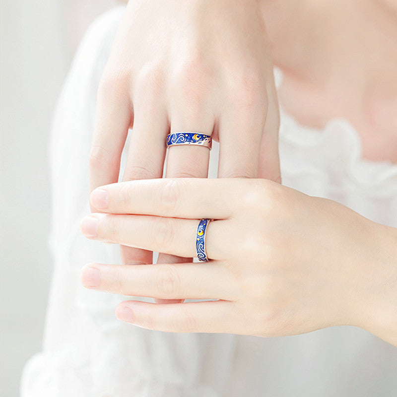 Adjustable Sea Blue Starry Sky Couple Ring