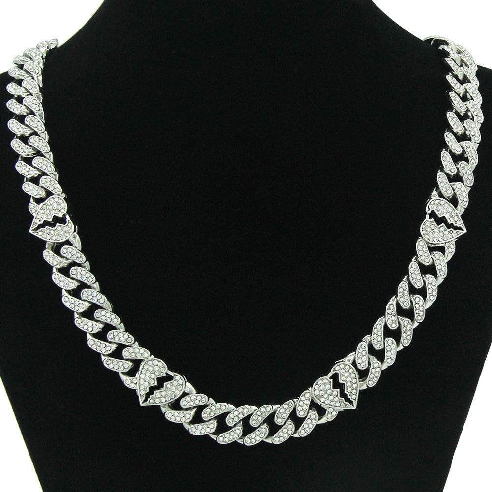 Diamond Broken Heart Cuban Link Chain Necklace & Bracelet