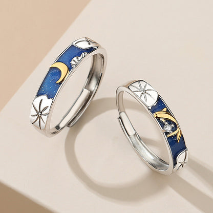 Lotus Pond Moonlight Couple Pair Ring – Adjustable 925 Silver