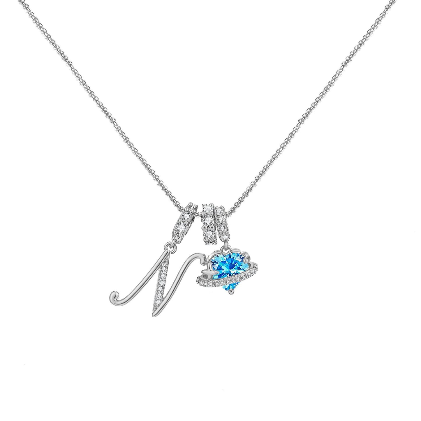 A-Z Alphabet Elegant Blue Heart Necklace with Zircons