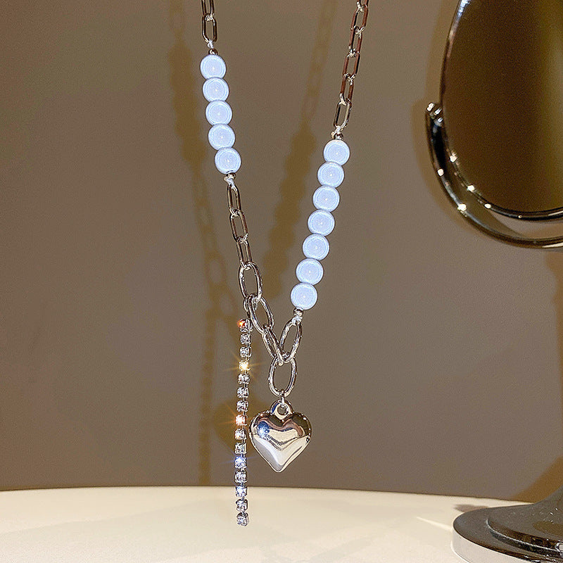 Diamond Heart Reflective Pearl Necklace
