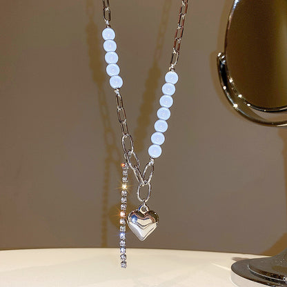 Diamond Heart Reflective Pearl Necklace