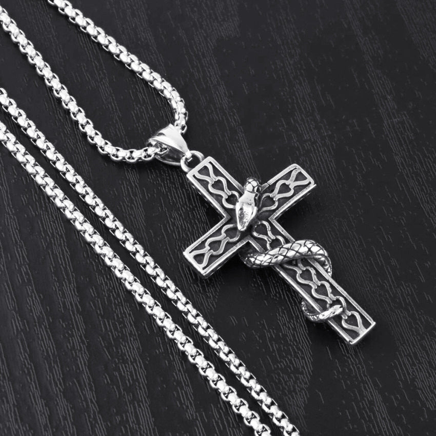 Gothic Snake Wrapped Cross Pendant Necklace