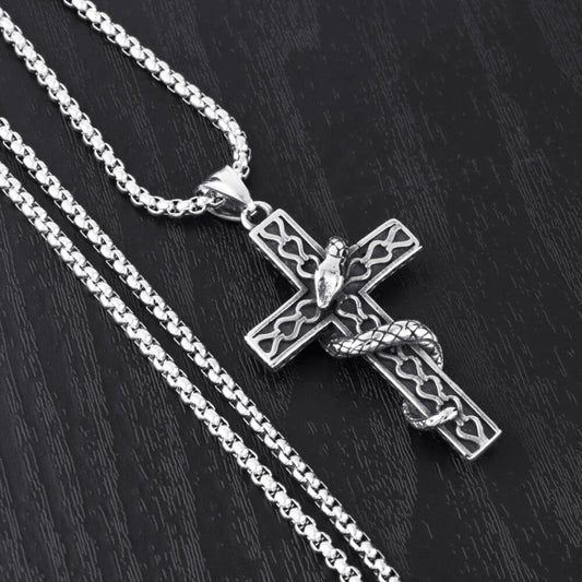 Gothic Snake Wrapped Cross Pendant Necklace