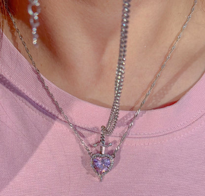 Heart and Sword Necklace Set, Pink Heart Crystal