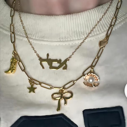 Gold Clip Necklace with Bow & Five-Pointed Star