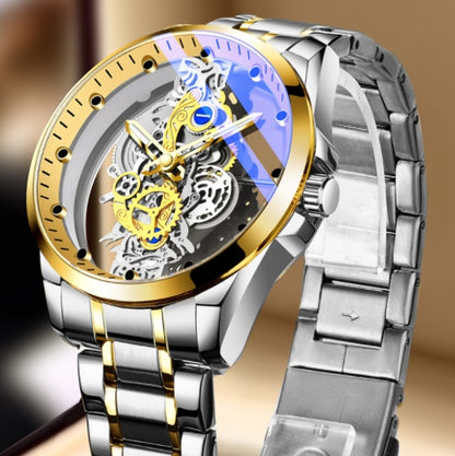 Gold Skeleton Automatic Quartz Watch with Luminous Effect