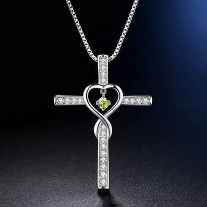 Infinity Love God We Trust Christian Cross Birthstone Crystal Pendant Necklace