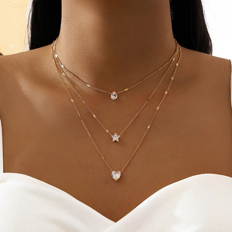 Multi-Layer Star, Heart, Water Drops, Pendant Necklace