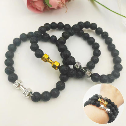 Barbell & Lava Rock Stone Beads Dumbbell Bracelet