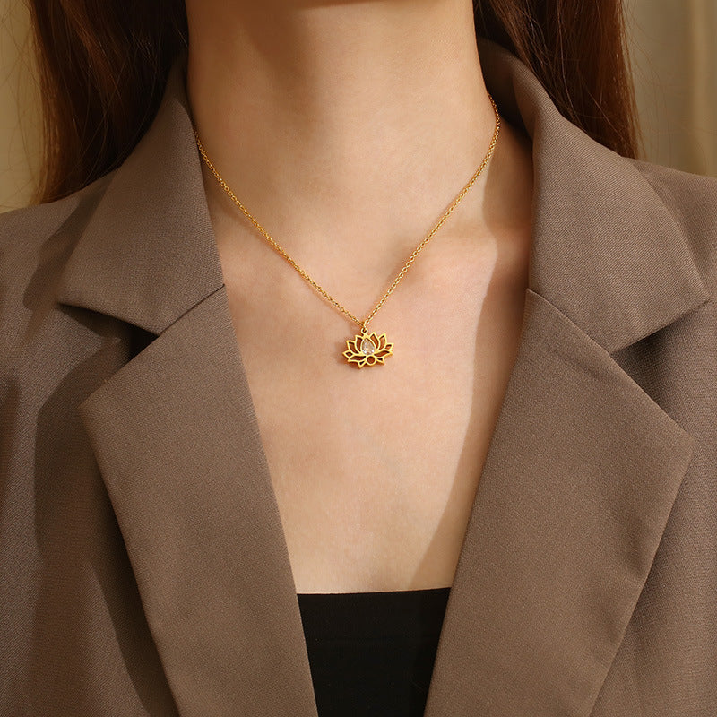 Minimalist Stainless Steel Zircon Lotus Jewellery Set