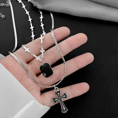 Dark Sweetheart Baroque Cross Pendant Layer Necklace