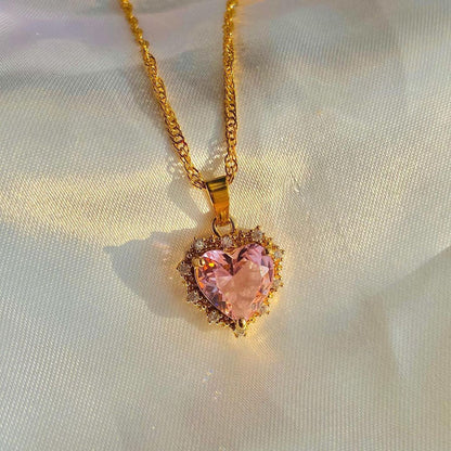 Gold Clavicle Chain Necklace with Colourful Rhinestone Heart