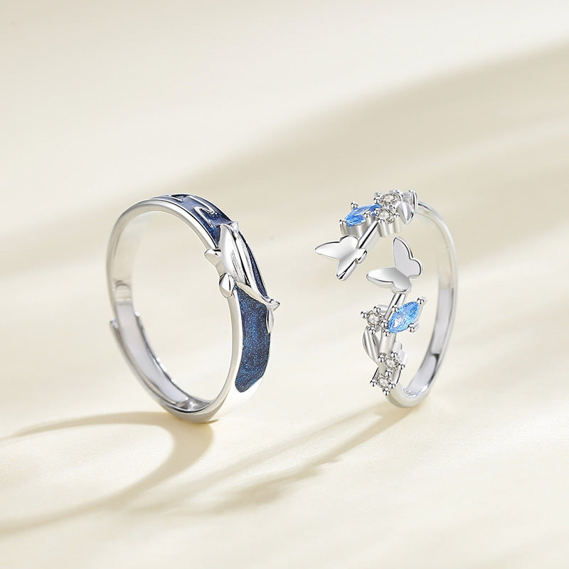 Adjustable Silver Whale Butterfly Couple Rings