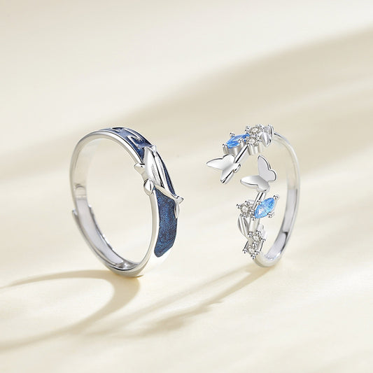 Adjustable Silver Whale Butterfly Couple Rings