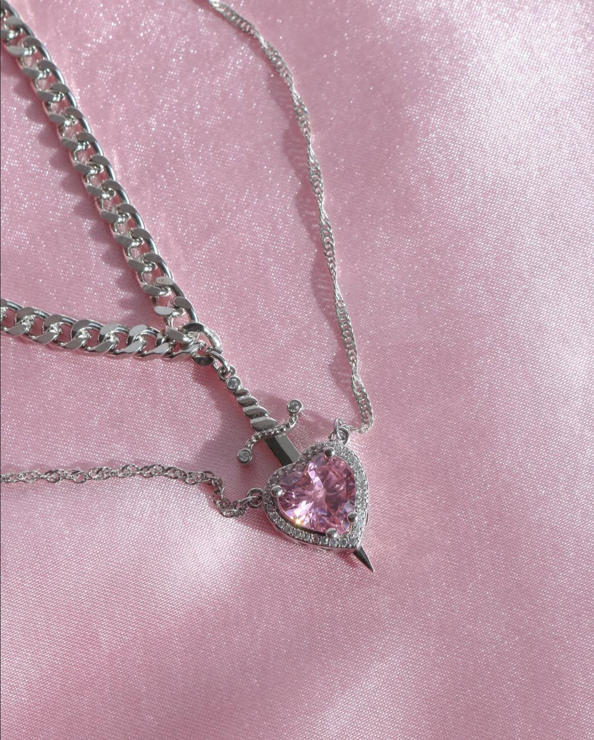 Heart and Sword Necklace Set, Pink Heart Crystal