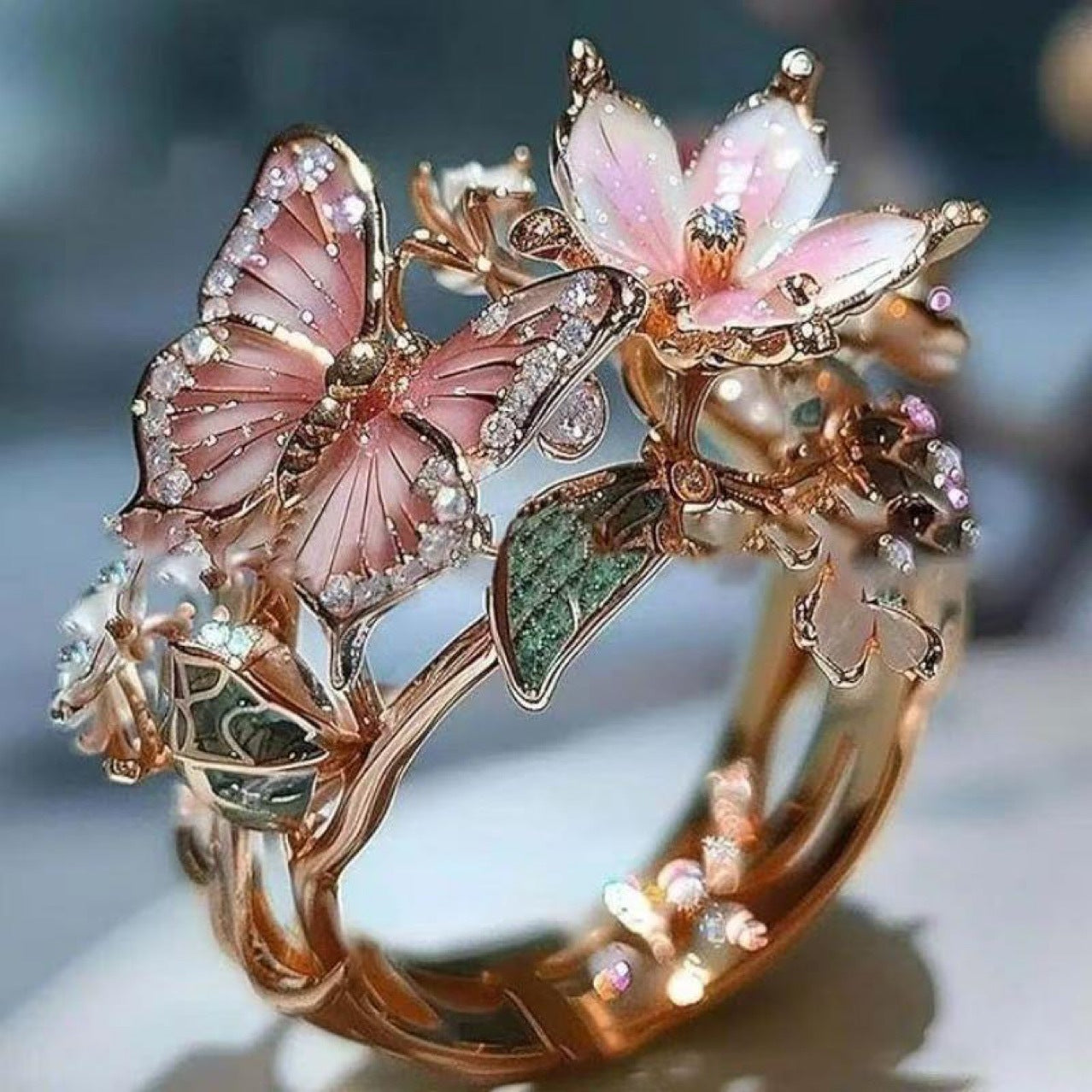 Elegant Flower Butterfly Ring