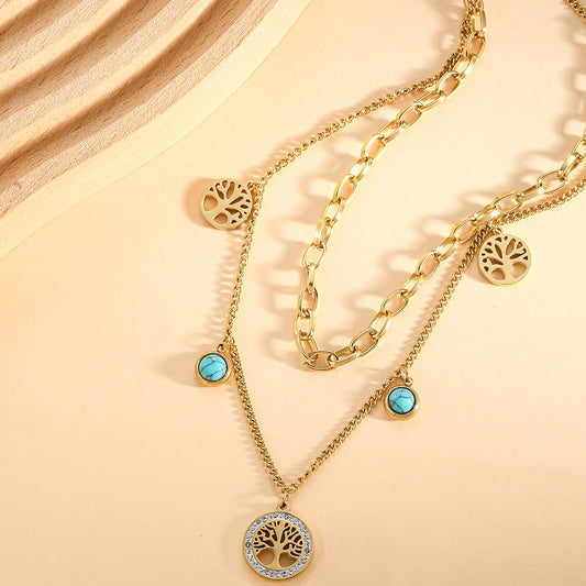 Turquoise Elegant Multi-Layer Gold Titanium Steel Necklace