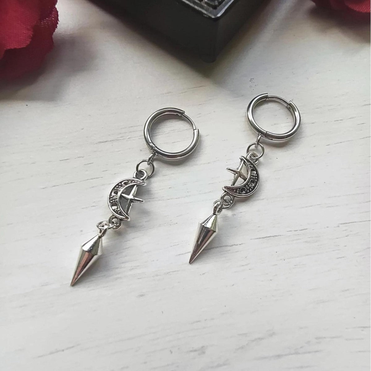 Punk Spike Earrings with Moon, Star & Cross