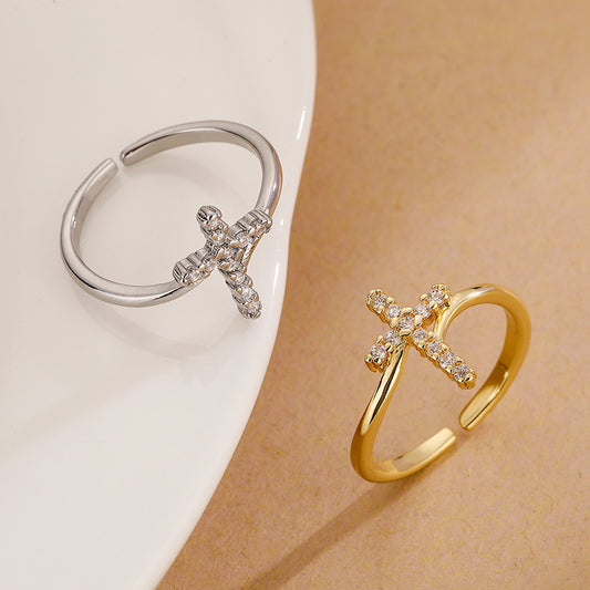 Adjustable Gold-Plated Cross Copper Ring