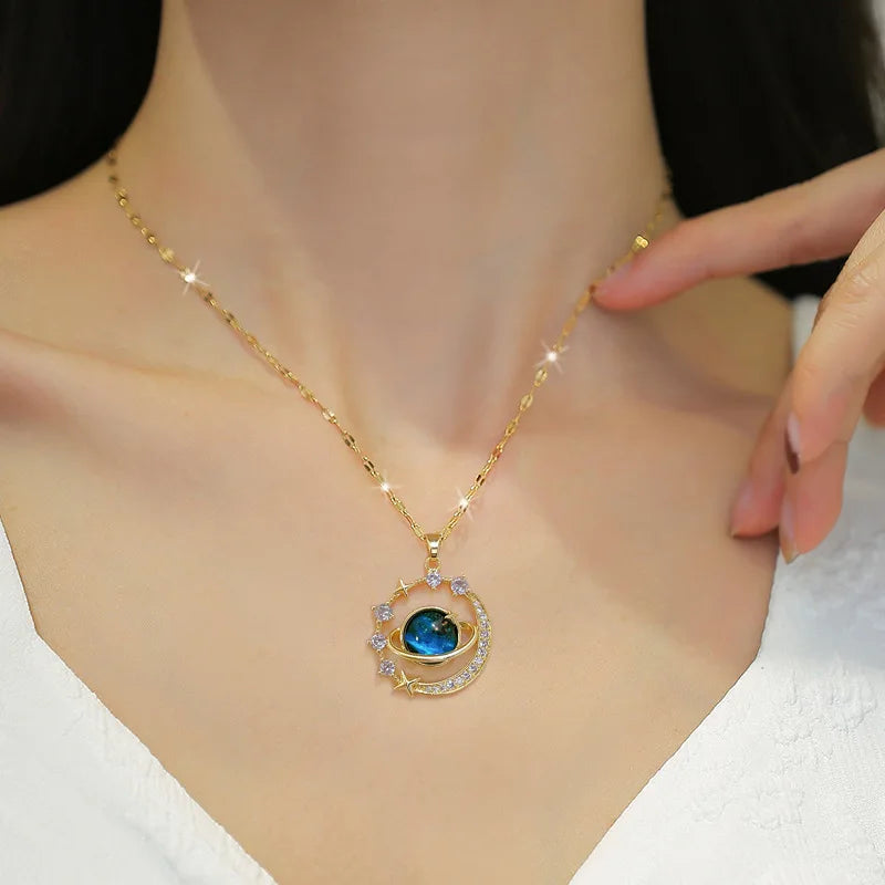 Y2K Starry Sky Necklace – Luxurious Stainless Steel Clavicle Chain with Star & Moon Pendant, Versatile & Elegant Planet Design