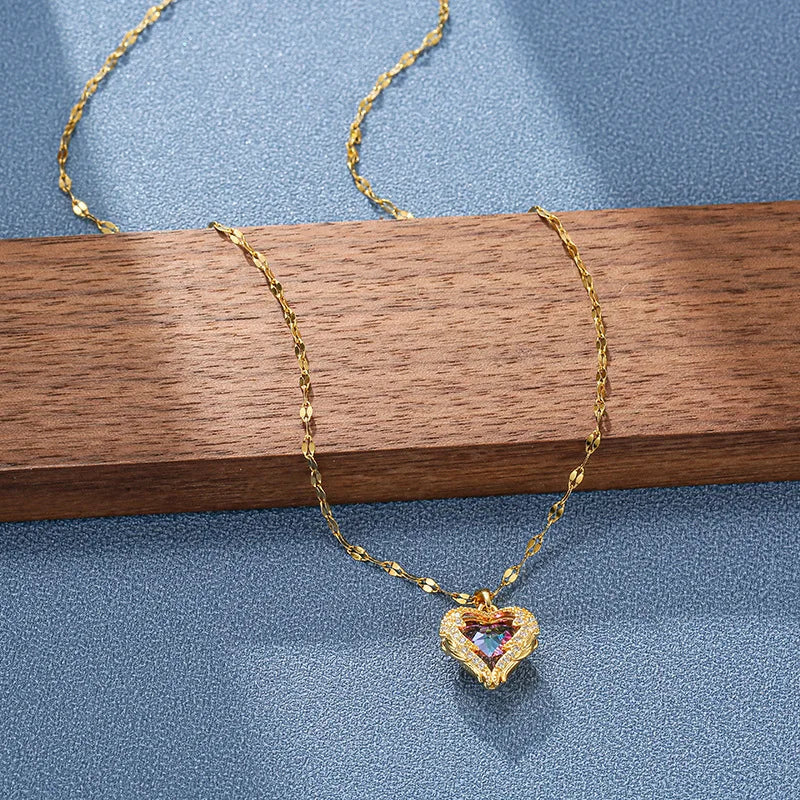 Colourful Crystal Ocean Heart Pendant Necklace