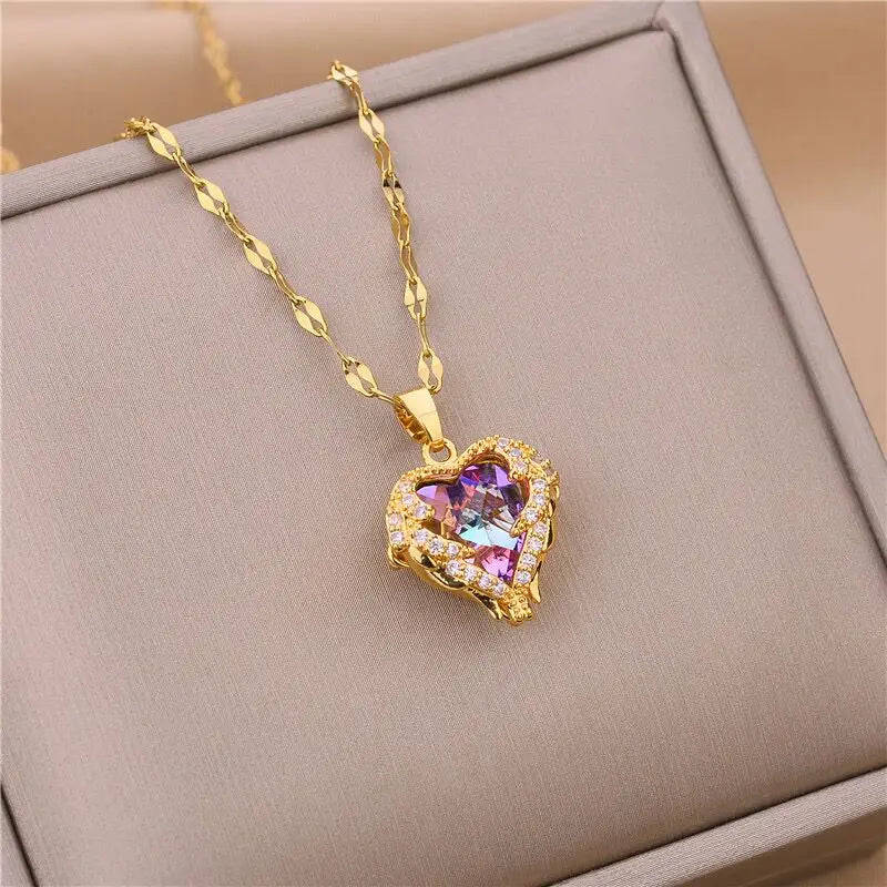 Colourful Crystal Ocean Heart Pendant Necklace