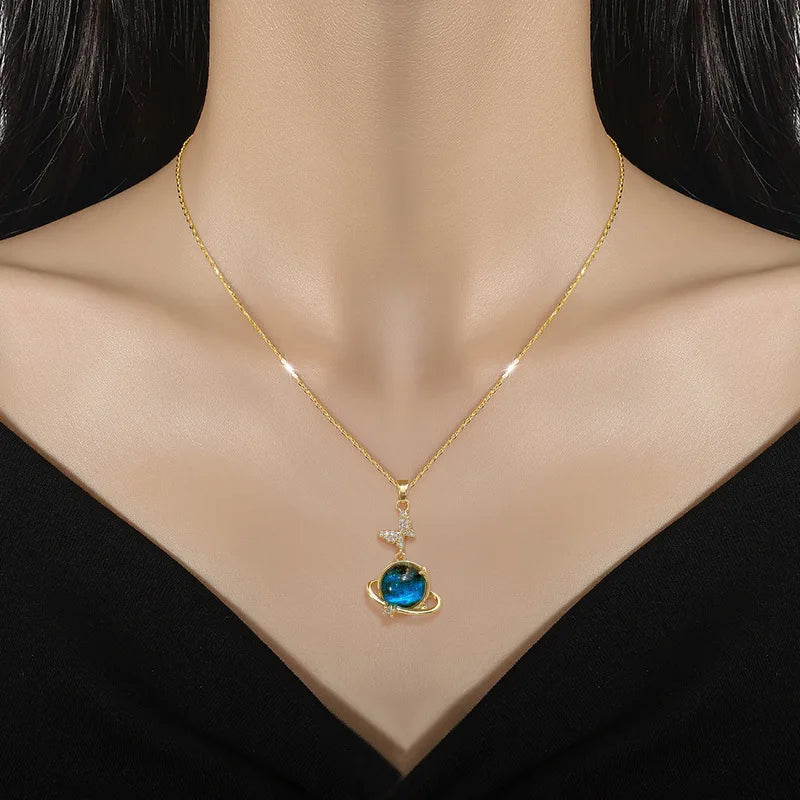 Y2K Starry Sky Necklace – Luxurious Stainless Steel Clavicle Chain with Star & Moon Pendant, Versatile & Elegant Planet Design