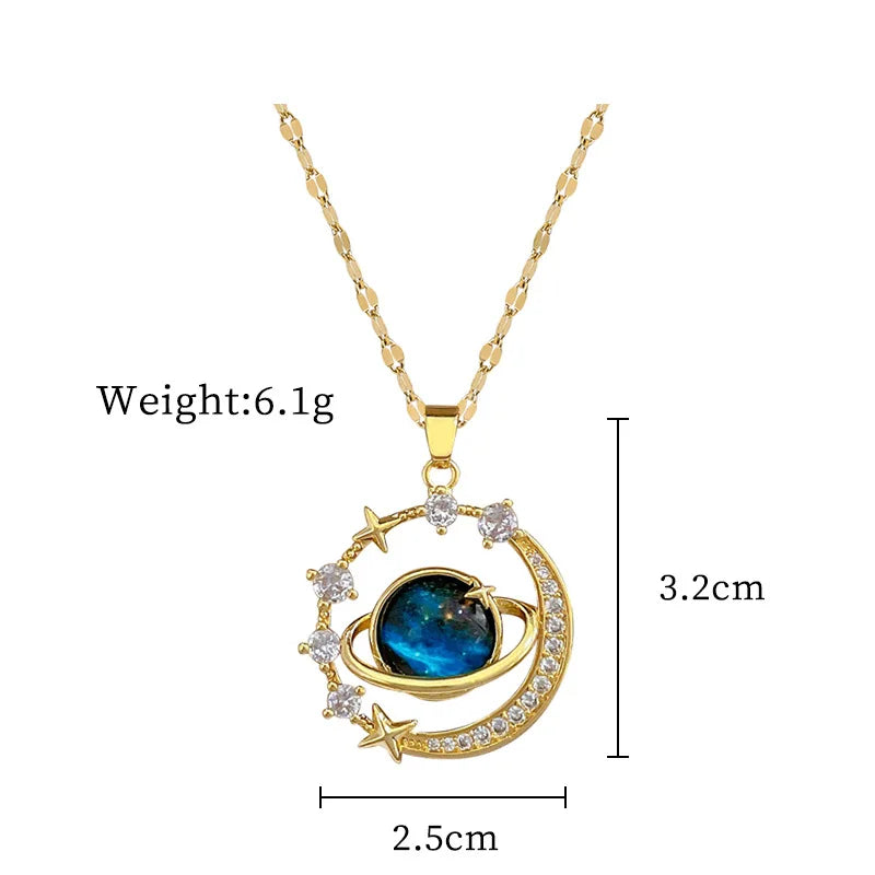 Y2K Starry Sky Necklace – Luxurious Stainless Steel Clavicle Chain with Star & Moon Pendant, Versatile & Elegant Planet Design