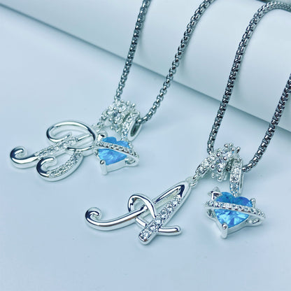 A-Z Alphabet Elegant Blue Heart Necklace with Zircons - Trendy Radar