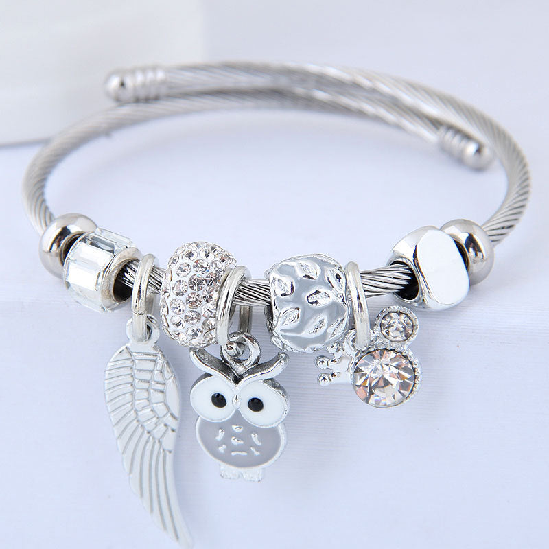 Beaded Owl & Angel Wings Charm Bracelet
