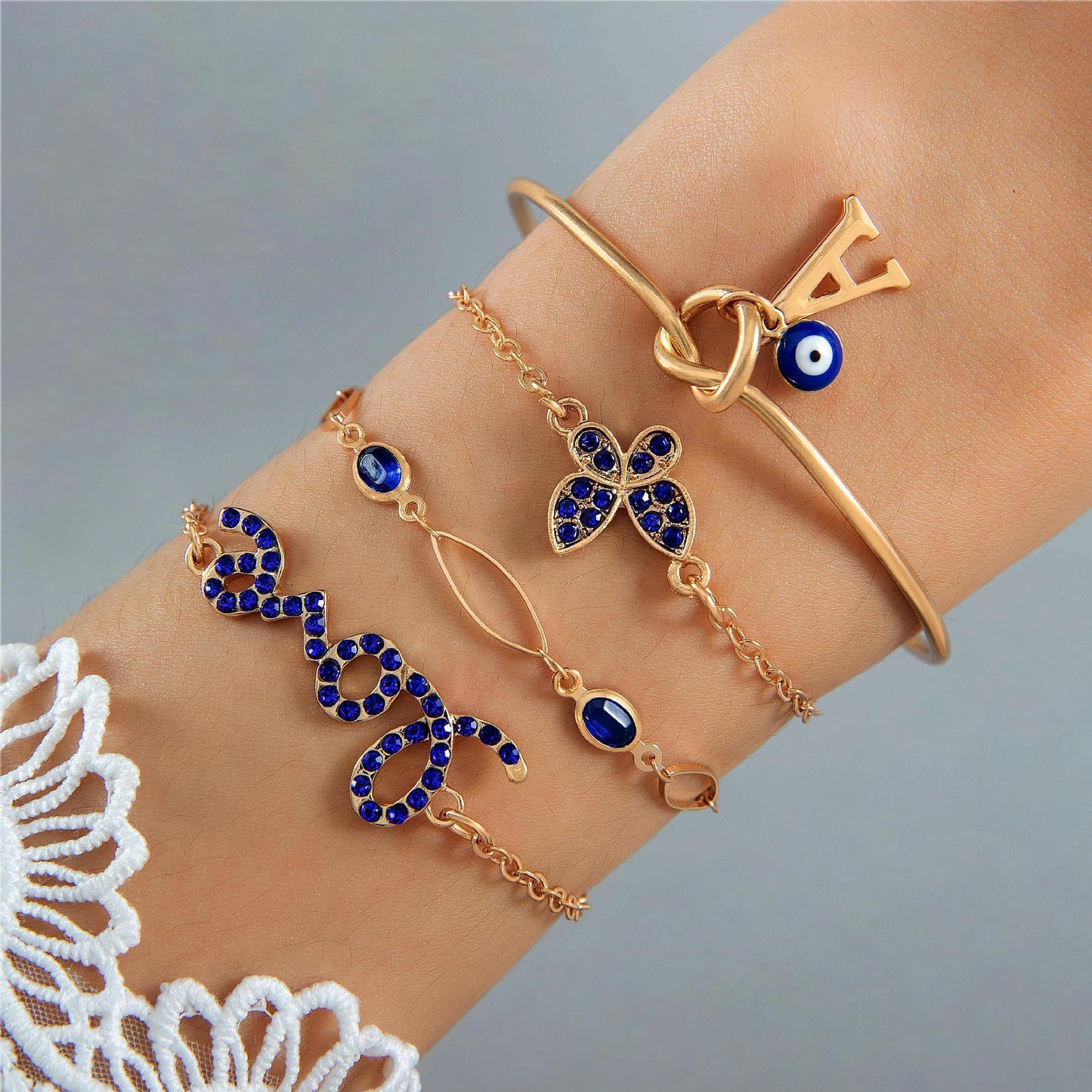 Blue Flower Love Butterfly Bracelet Set 4pcs