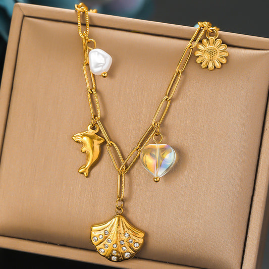 Retro Diamonds Scallop Gold-Plated Dolphin Necklace