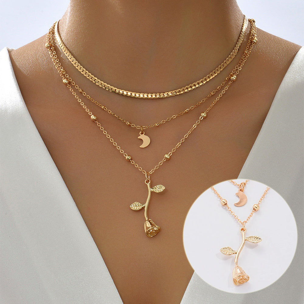 Bohemia Multilayer Moon & Rose Flower Gold Pendant Necklace for Women – 2025 Fashion Choker Jewellery Gift for Valentine's Day