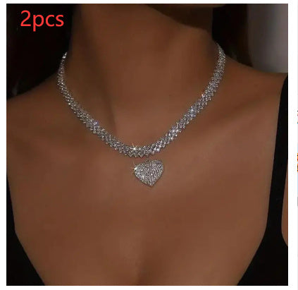 Silver Diamond Heart Pendant Choker Necklace