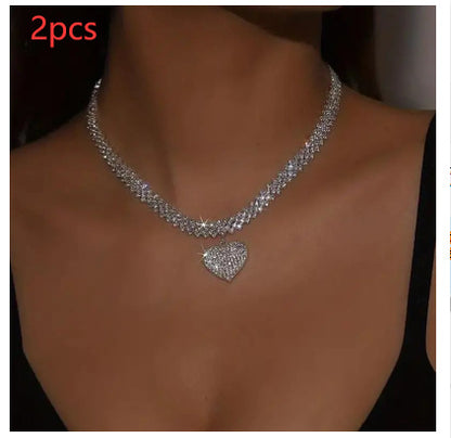 Silver Diamond Heart Pendant Choker Necklace